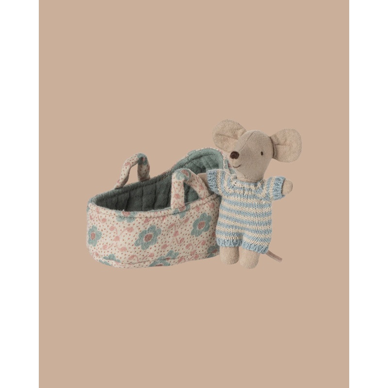 PRE-ORDER: Maileg Baby Mouse in Carry Cot - Blue (Estimated Ship Date: Late October)