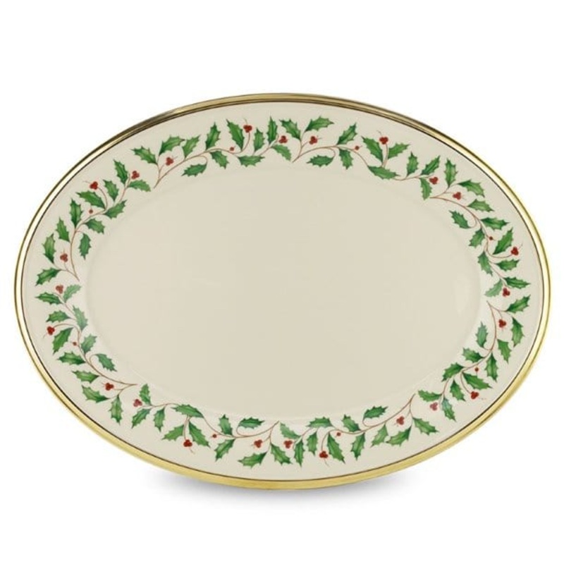 Lenox Holiday 16" Oval Ivory Bone Serving Platter with Gold Rim