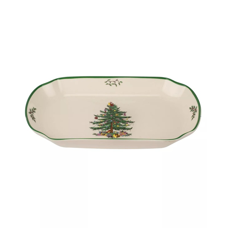 Christmas Tree Rectangular Scalloped Porcelain Tray Machine Washable Imported