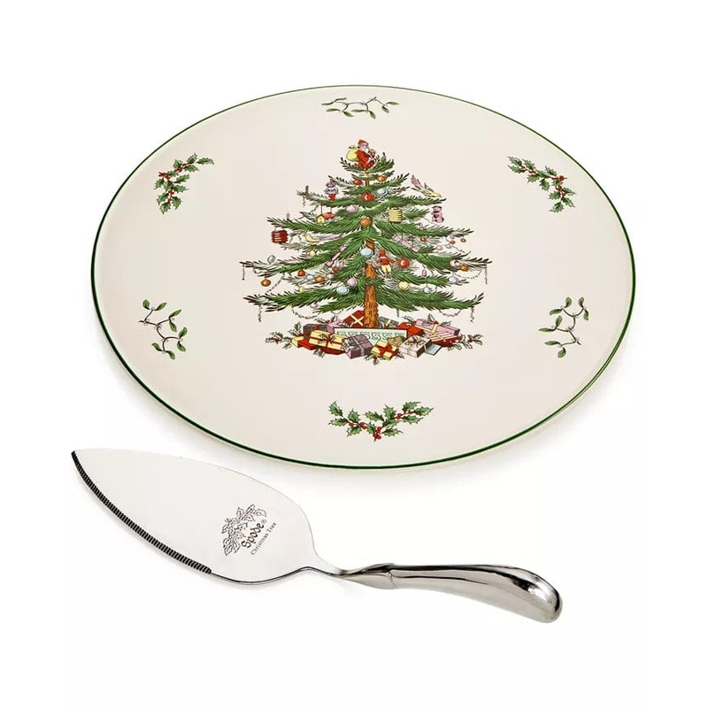 Spode Christmas Tree Porcelain Cake Plate with Stainless Steel Metal Server