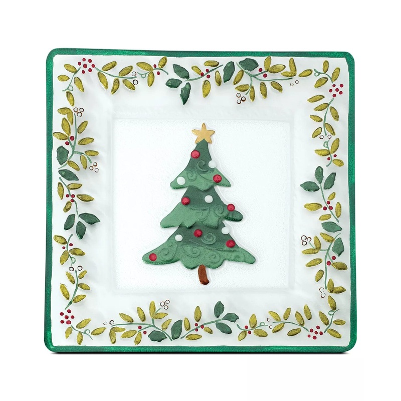 Winterberry Square Glass Christmas Tree Platter Crafted of High Quality Pressed Glass Imported