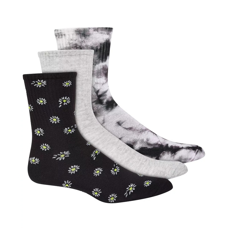 Women's 3pk Crew Socks Jenni Daisy & Tie-Dyed Neutral Color Ribbed Cuff