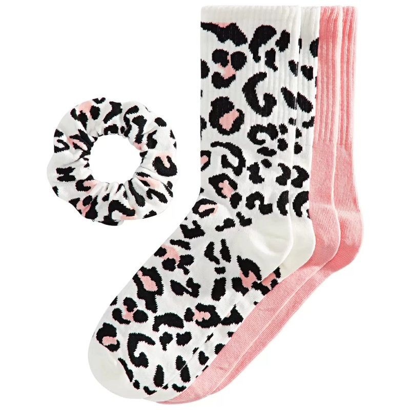 Women's Crew Socks & Scrunchie Set Jenni 2 Pair Leopard and Pink