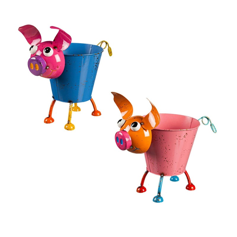 Colorful Metal Pig or Rooster Planter 2 Asst