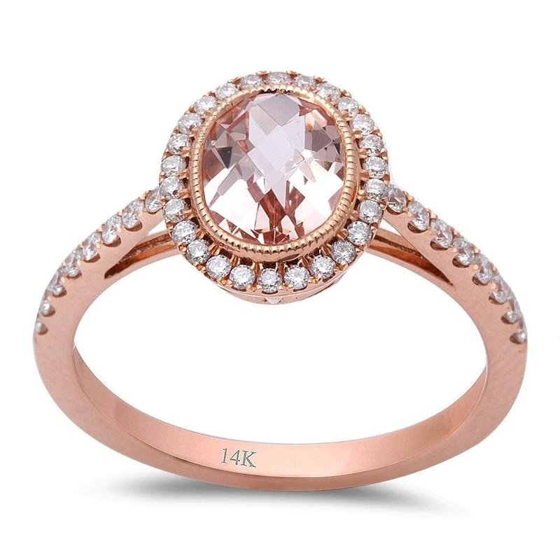 Morganite and Diamond Halo Ring Classic Design 14K Rose Gold