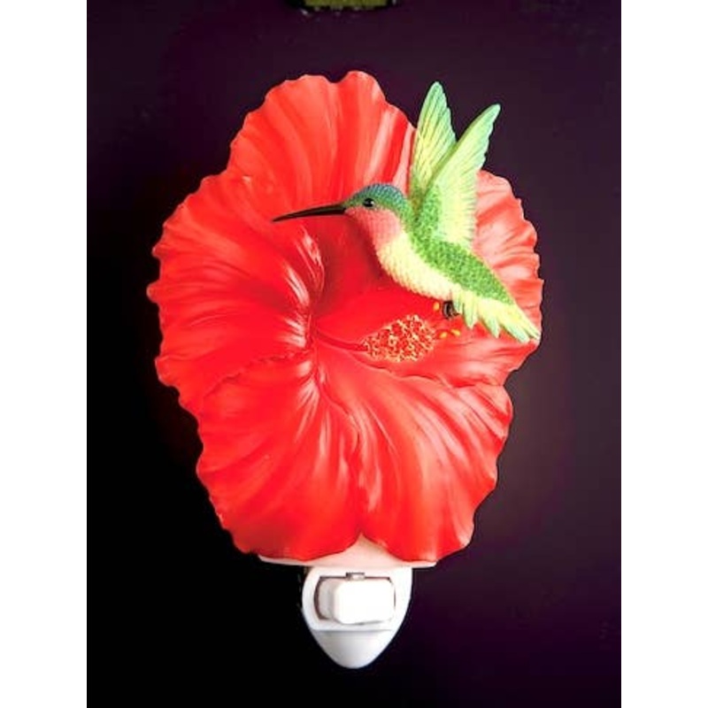 Ruby Red Hibiscus and Hummingbird Night Light-Handpainted by Ibis and Orchid