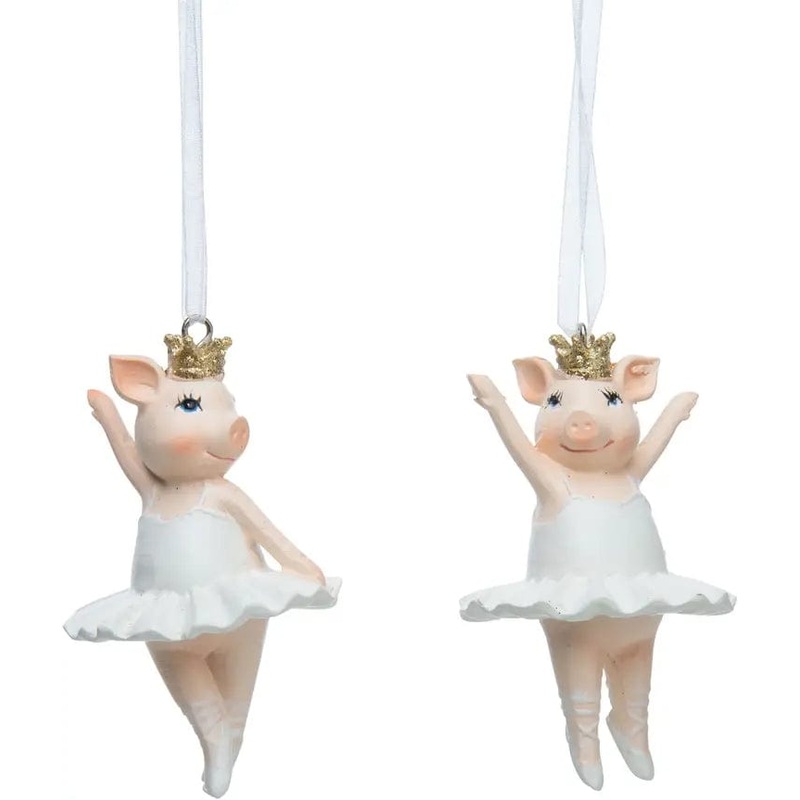 Ballerina Pink Pig Ornaments with Gold Glitter Crowns