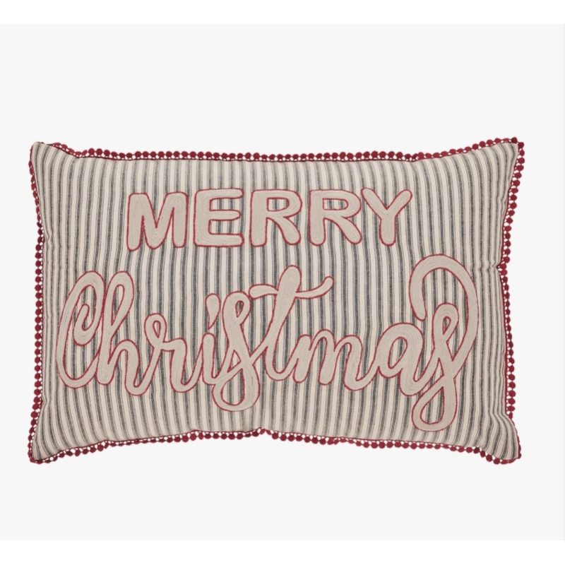 Merry Christmas Farmhouse Striped Embroidered Throw Pillow