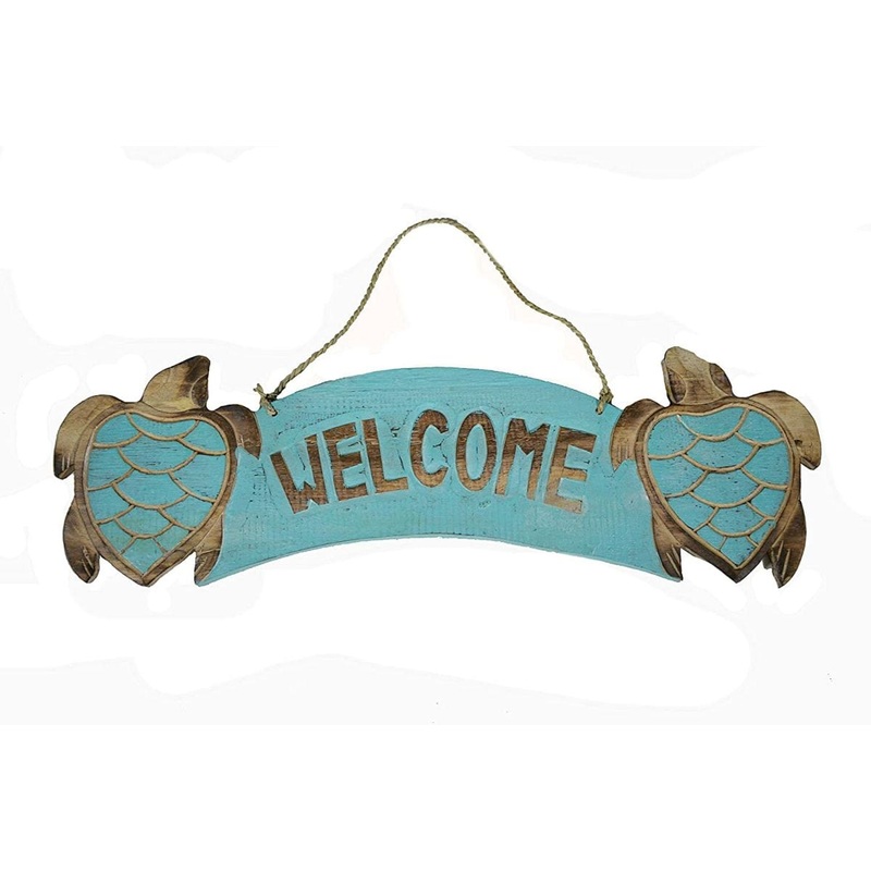 Two Turtle Hand Carved Wooden Welcome Sign Shabby Beach Decor