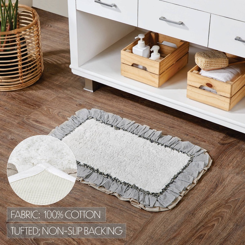 Ashmont Farmhouse Bath Mat-Cream with Blue Stripe & Burlap Ruffles