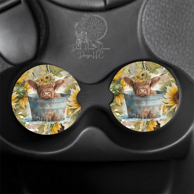 Baby Highland Cow Bath Time Car Coasters - Ceramic (Hard)