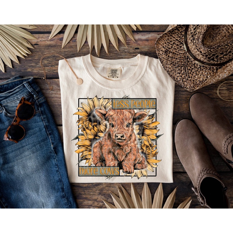 Less People More Cows-Highland Calf with Sunflowers Tshirt for Cow Lovers