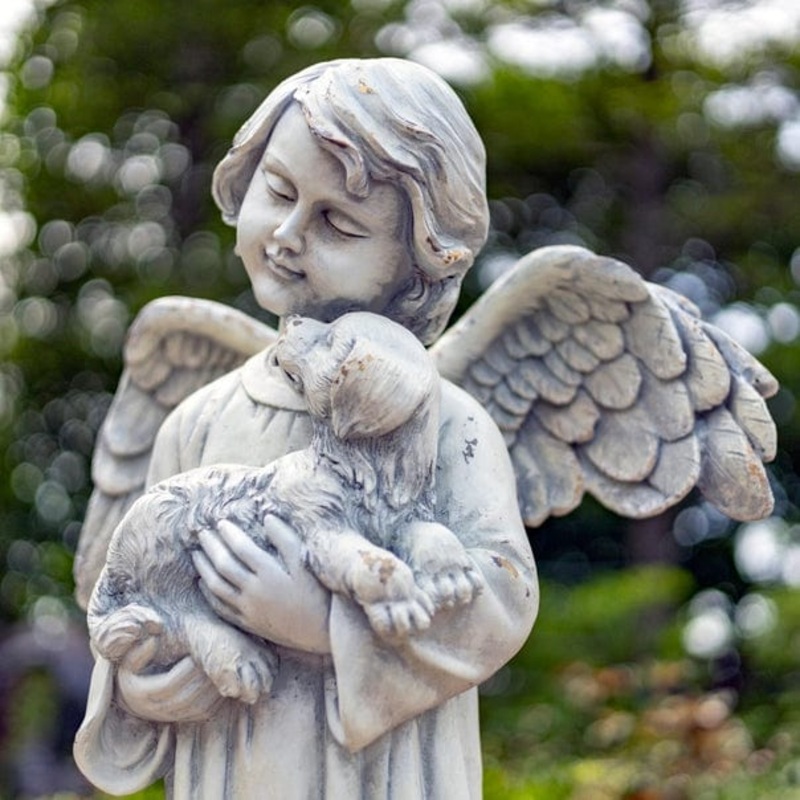 39" Tall Magnesium Angel Statue Holding Dog- Antique White or Bronze