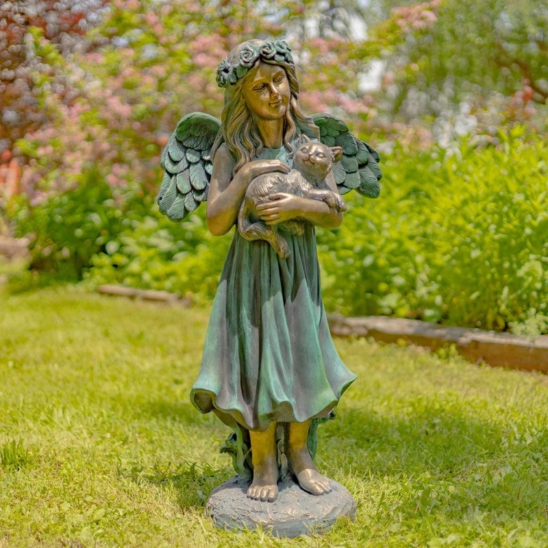 Angel Holding Cat Statue, 39" Tall Bronze Patina Magnesium