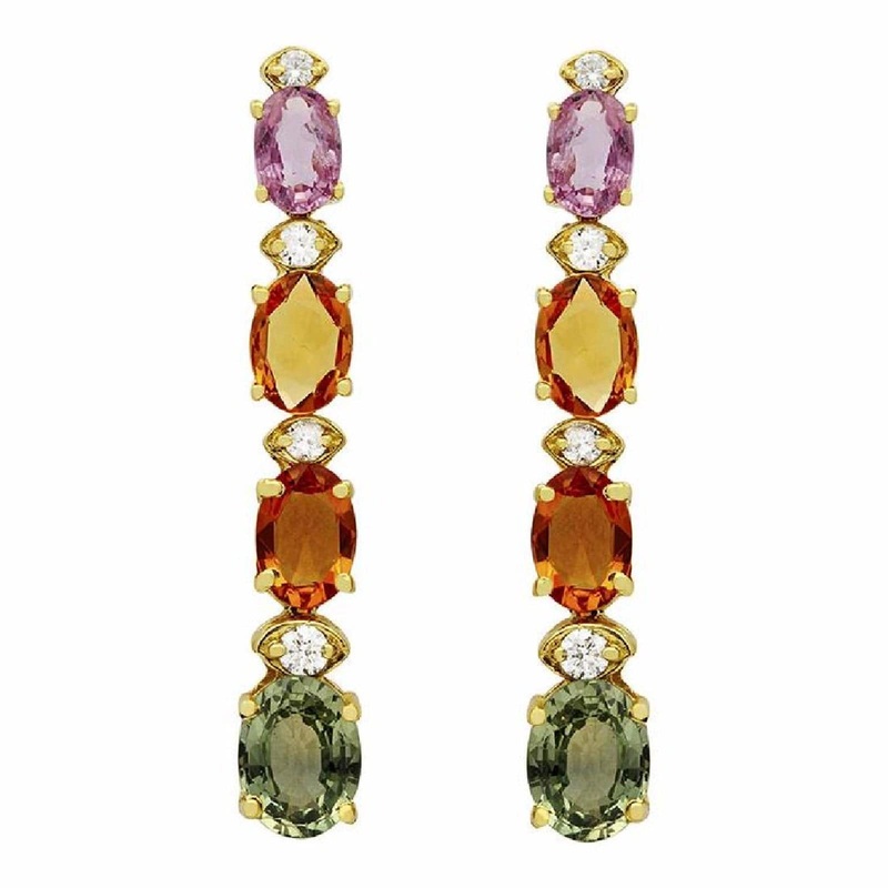 Multi Colored Sapphire & Diamond Rain Drop Earrings 14K Yellow Gold