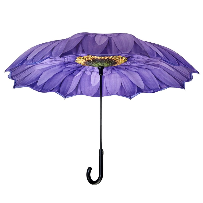 Purple Daisy Stick Umbrella Reverse Close