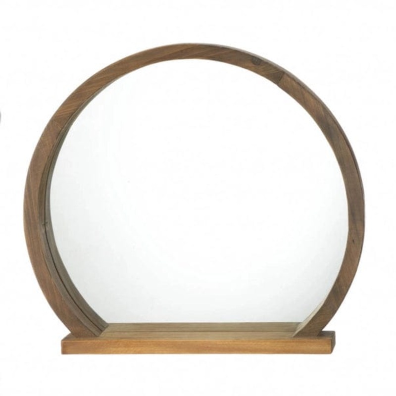 Round Wooden Mirror with Shelf