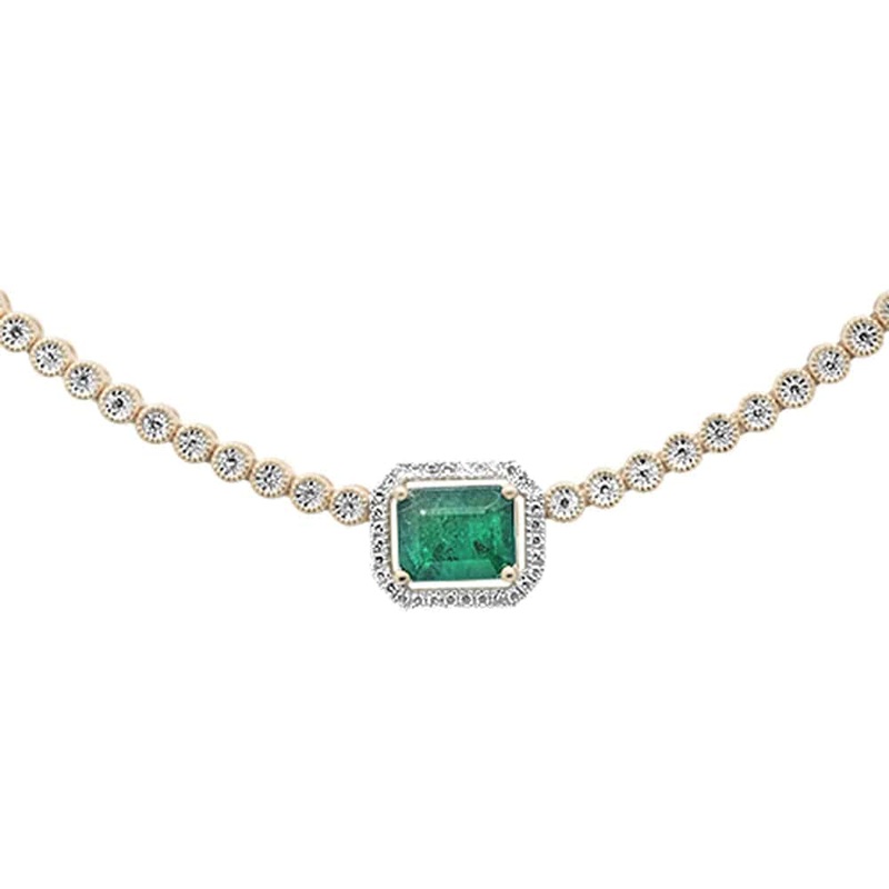 3.79ct G SI 14K Yellow Gold Diamond & Natural Green Emerald Gemstone Necklace
