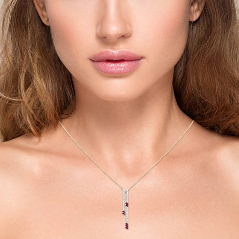 .70ct G SI 14K Yellow Gold Diamond & Ruby Drop Pendant Necklace 18" Ext