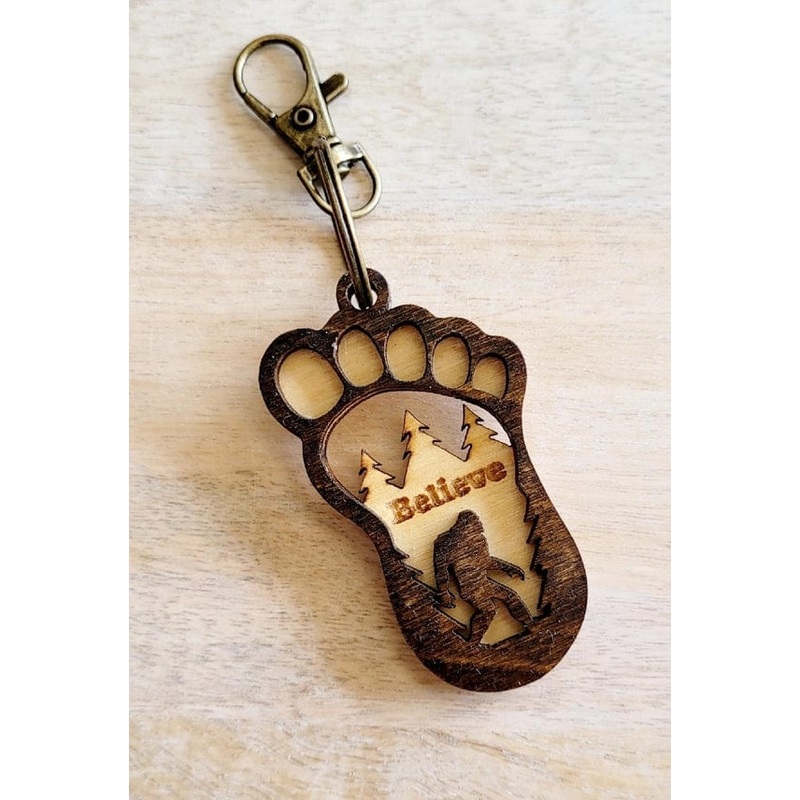 Big Foot "Believe" Keychain or Magnet-Layered Wood Handmade in the USA