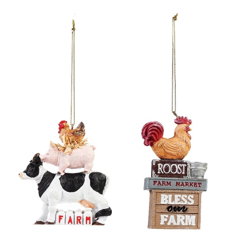 Stacked Farm Animal Ornaments Pig Cow Rooster & Bless Our Farm Rooster