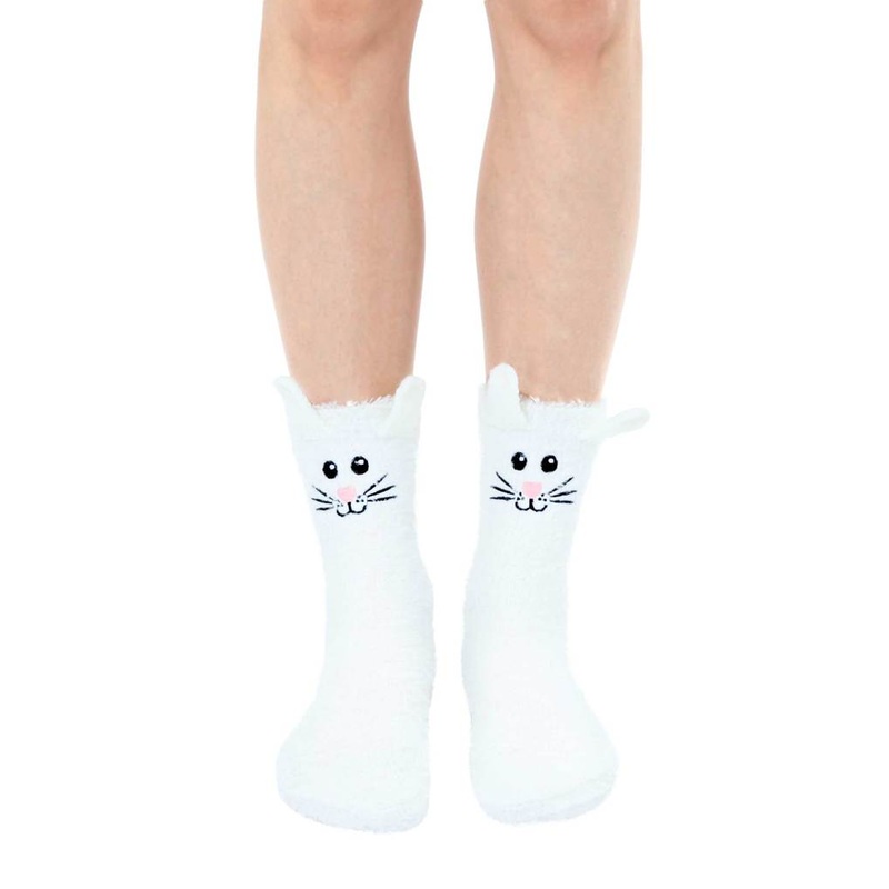 Bunny Rabbit Fuzzy Crew Slipper Socks Pink or White Soft and Fuzzy