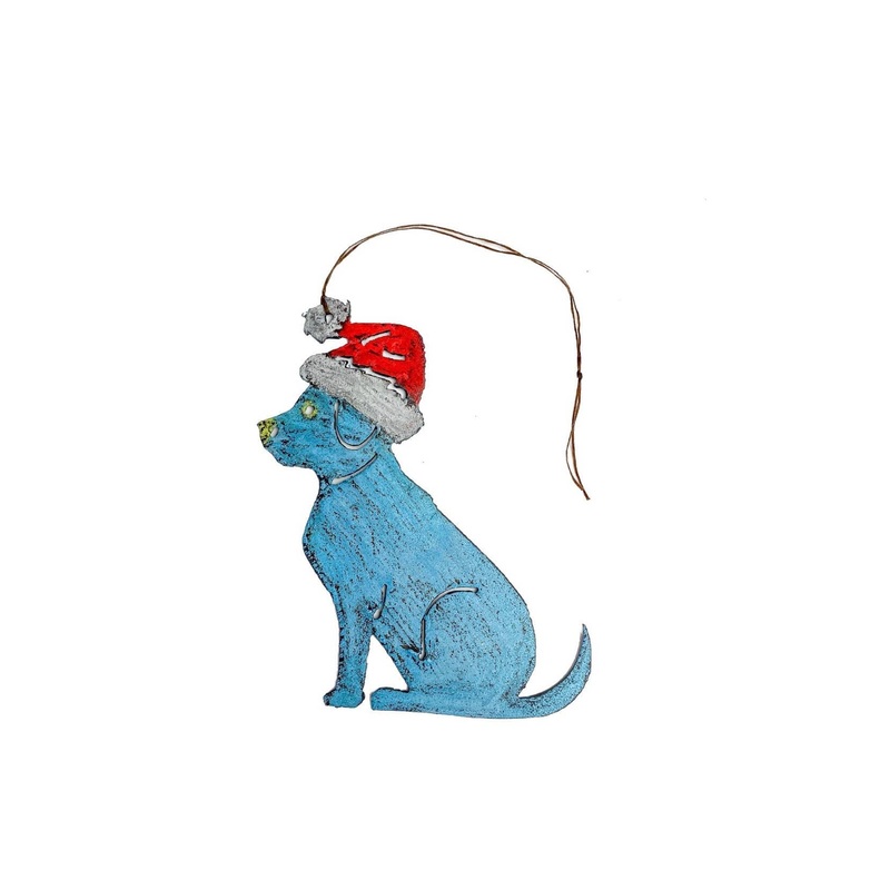 Metal Art Christmas Doggie Ornament, Dog with Santa Hat