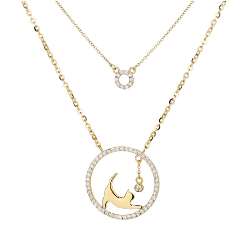Cat Playing with Ball in a Circle Necklace, 2 Layers