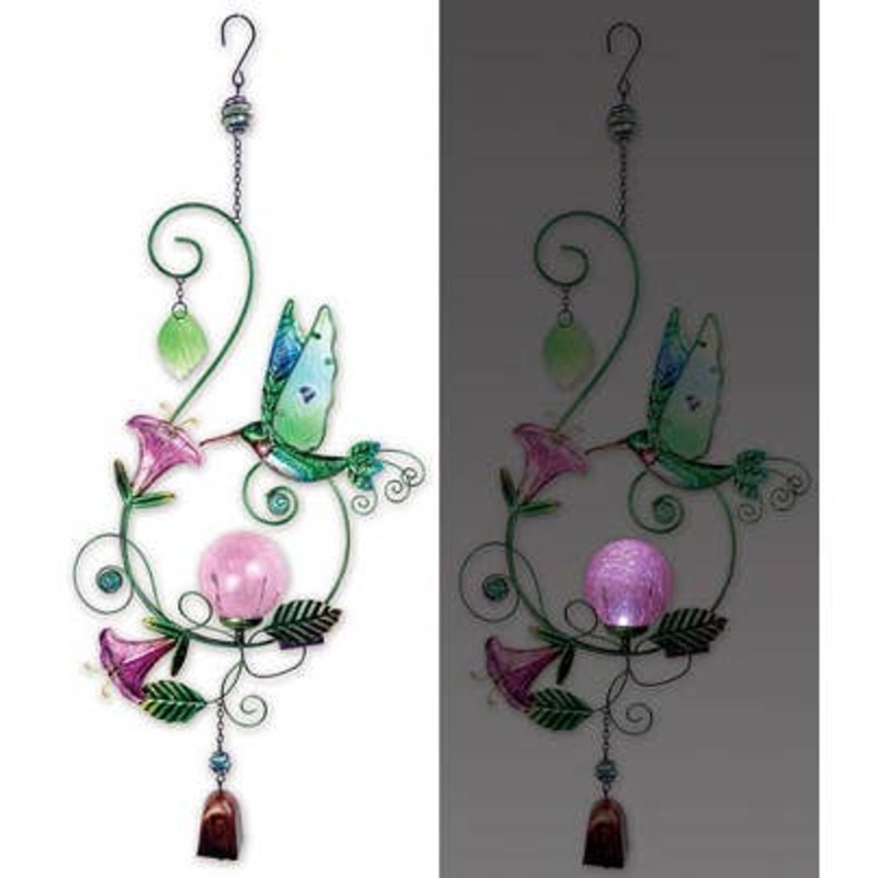 Metal Art Hanging Solar Hummingbird Sculpture with Bell