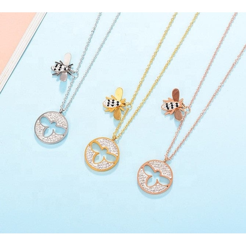 Sparkling Bee Medallion Necklace Rose, Yellow or White Gold Plating Cut Out Bee, SO CUTE!!!