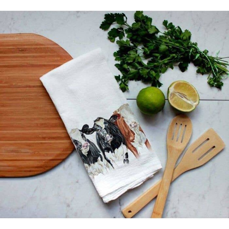 Closeout Farm Animal Watercolor Flour Sack Tea Towels-Rabbits, cows, horse, chicken