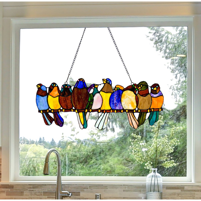 Multicolor Birds Stained Glass Window Panel