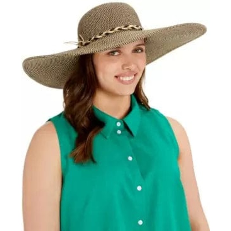 Packable Wide Brim Hat with Braided Trim 90% UV Protection!