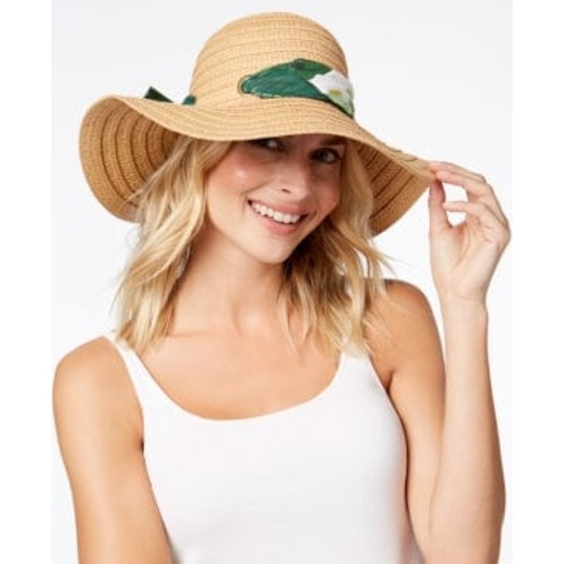 Palm-Print-Scarf Straw Floppy Hat