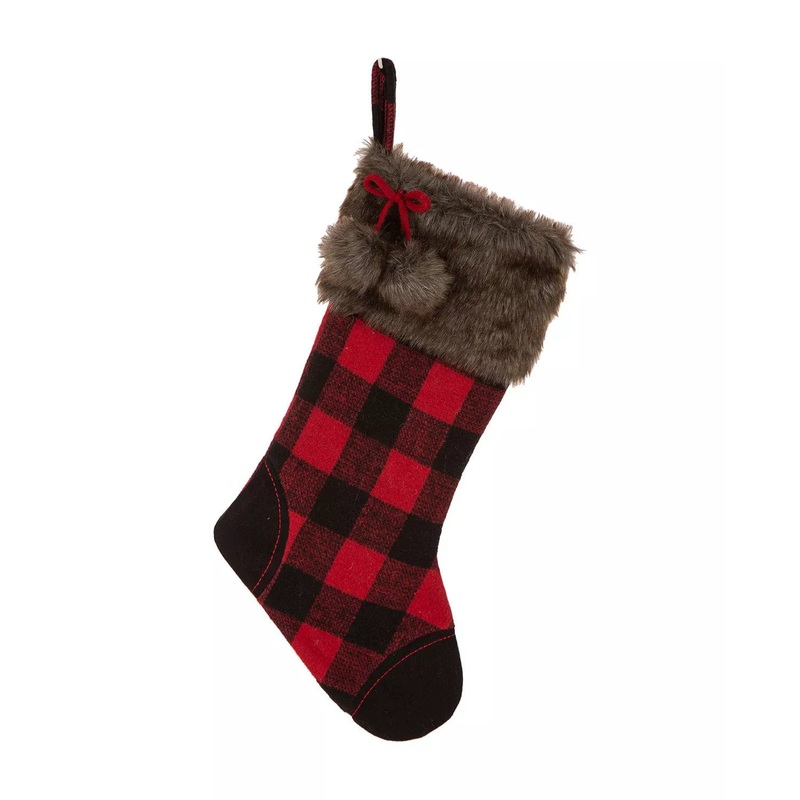 Buffalo Plaid Stocking Polyester Cotton Black and Red Plaid 21" L  Imported