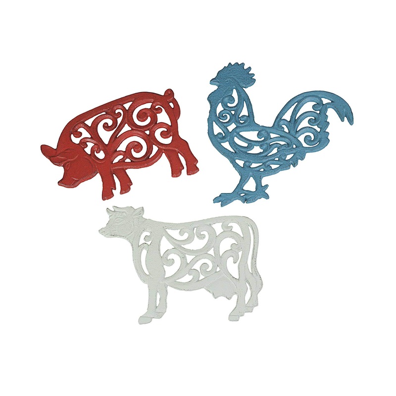 Farm Animal Rustic Cast Iron Trivet Set, Pig, Cow, Rooster
