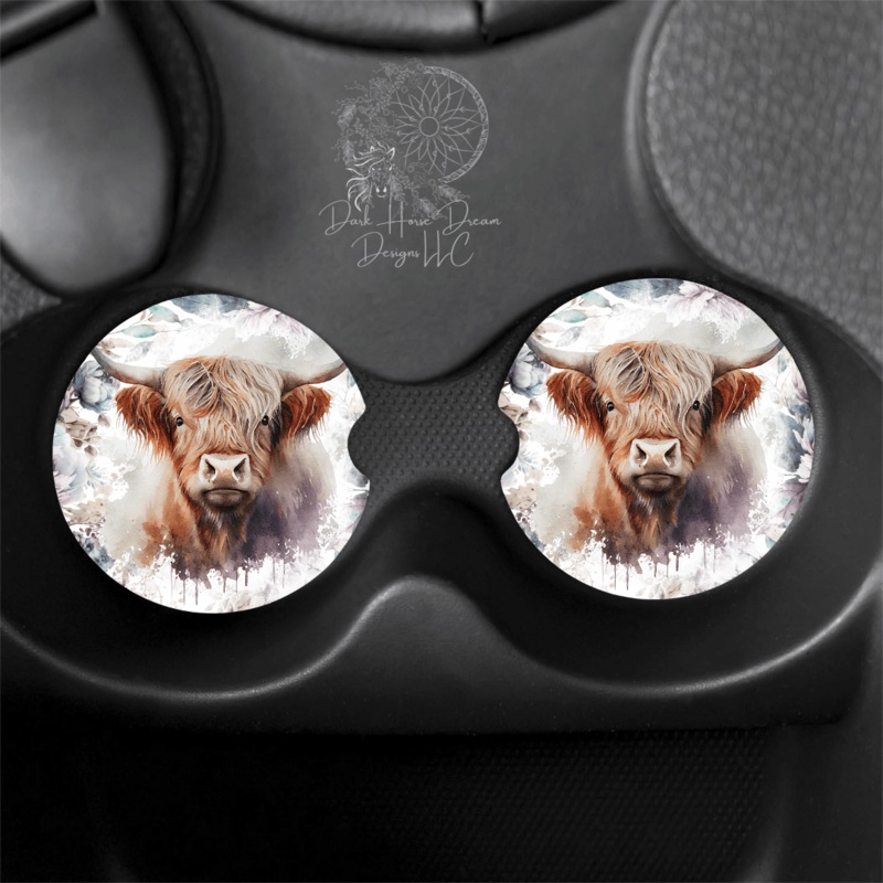 Highland Cow Car Coasters Watercolor Floral Cermaic