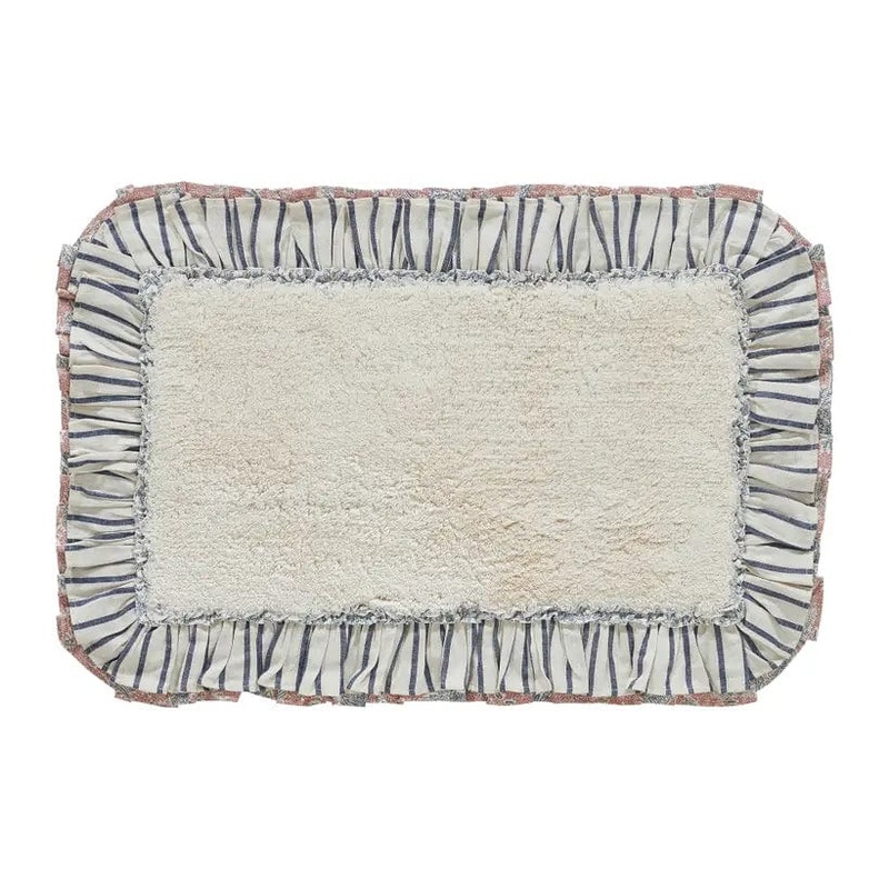 Kaila Ruffled Ticking Cream and Blue Country Farmhouse Bathmat