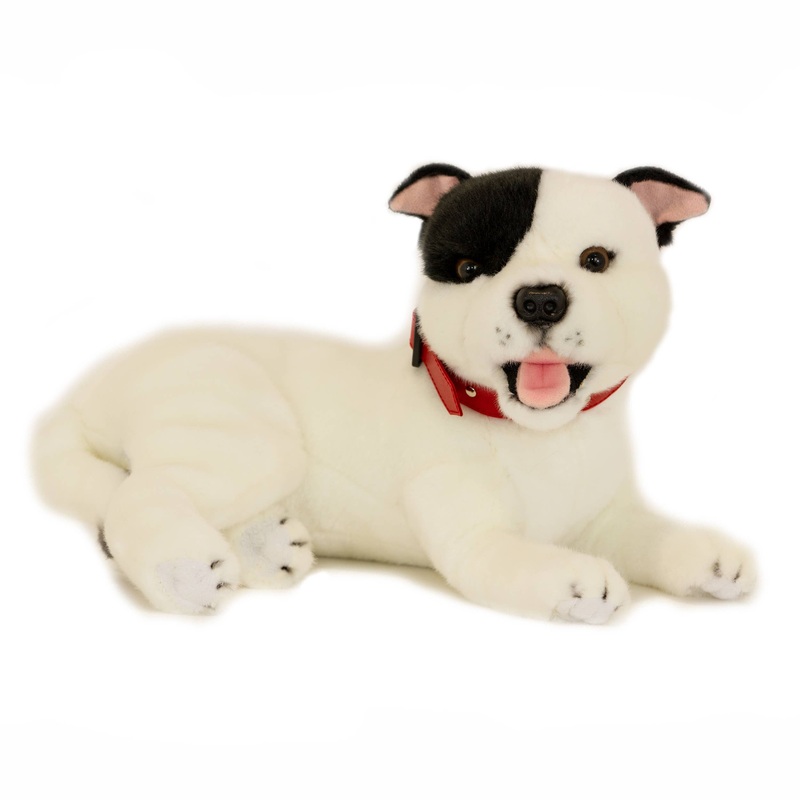 Realistic White Staffordshire Bull Terrier with Black Patch Plushie Size 35cm/13.75"