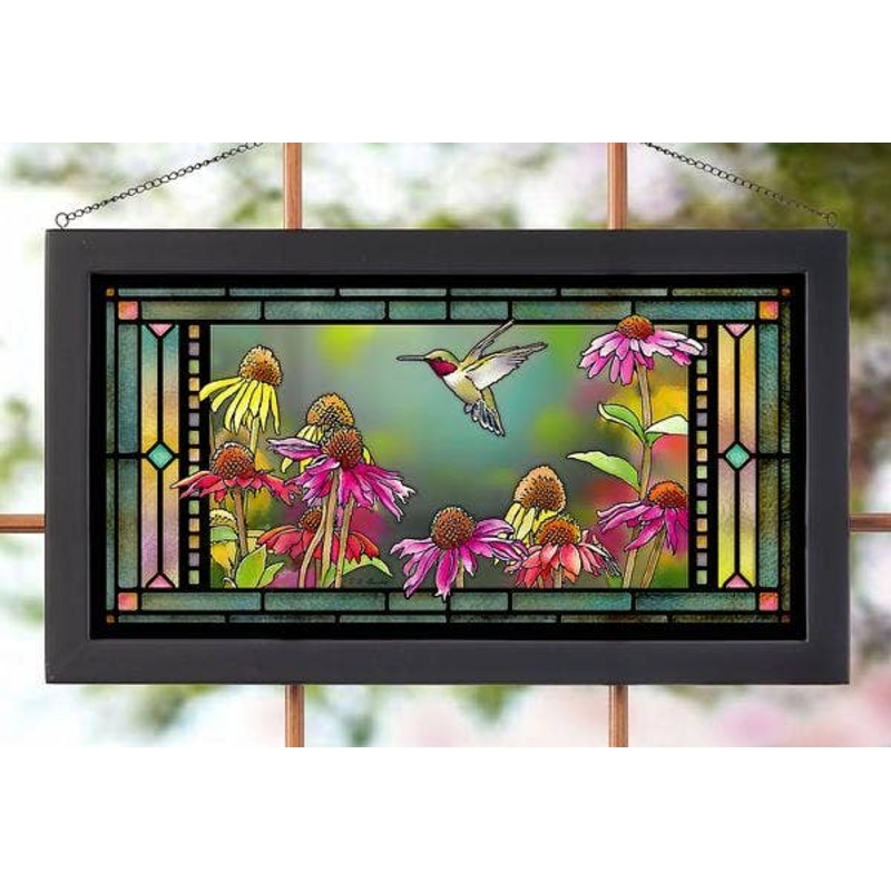 RUBY HUMMINGBIRD FRAMED 13"X23" STAINED COLORED GLASS  -Artist:  BOURDET