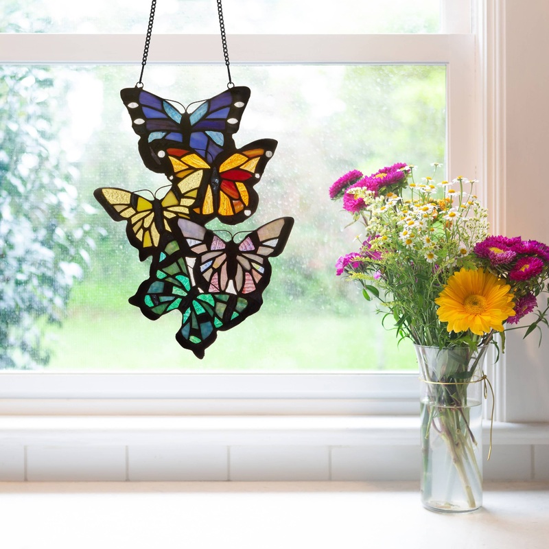 Brilliant Butterflies Cluster Stained Glass Window Panel- 13.25"H