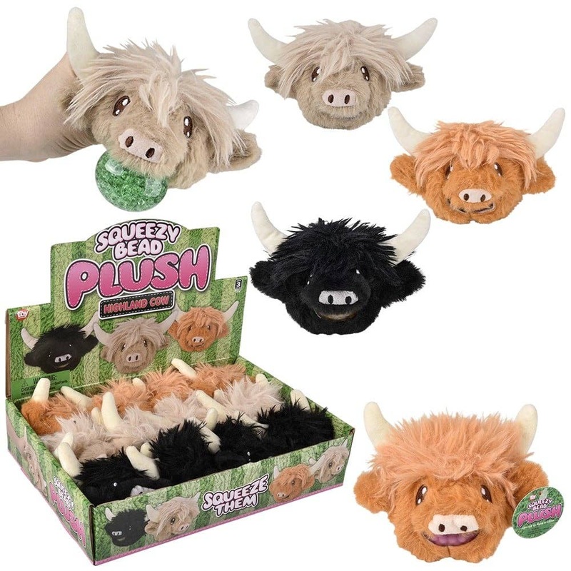 Highland Cow Shaggy Squeezy Bead Plush Ball 3" Super Soft