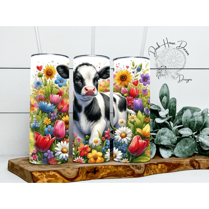 Springtime Floral Black and White Baby Farm Cow Tumbler