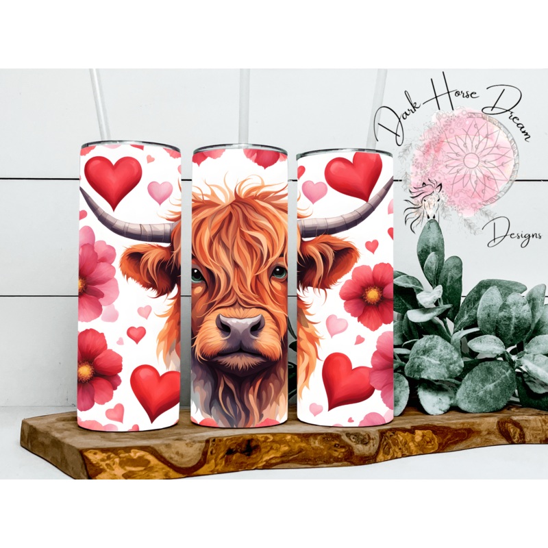Valentine Hearts and Flowers Highland Cow Skinny Tumbler