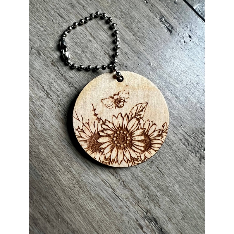 Wooden Bee Keychain with Sunflowers