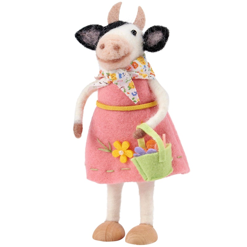 Flower Basket Cow Critter Figurine