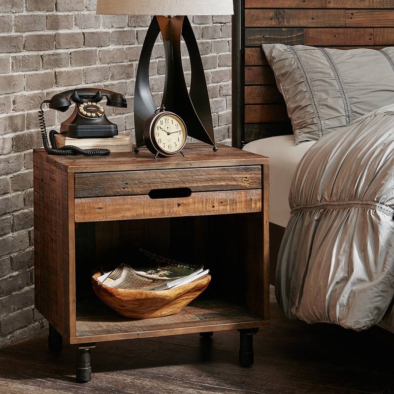 Industrial Rustic Wood Nighstand with Drawer and Storage Solid Wood