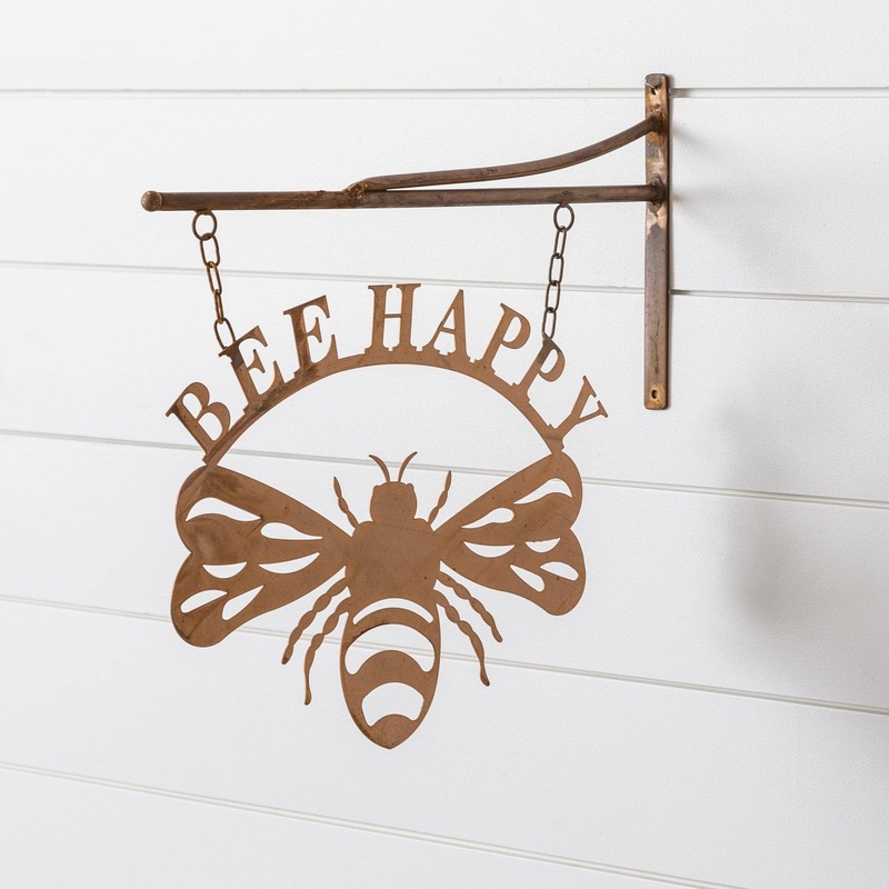 Inspirational "BEE HAPPY" Iron Swinging Sign 15"