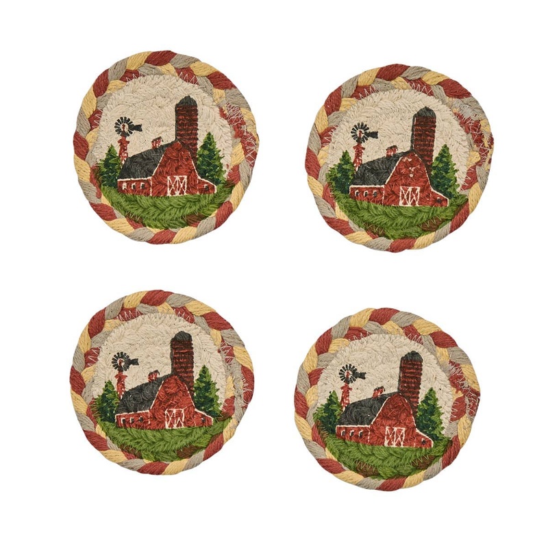 Red Barn Printed Braided Coasters Set of 4 Farmhouse Designs