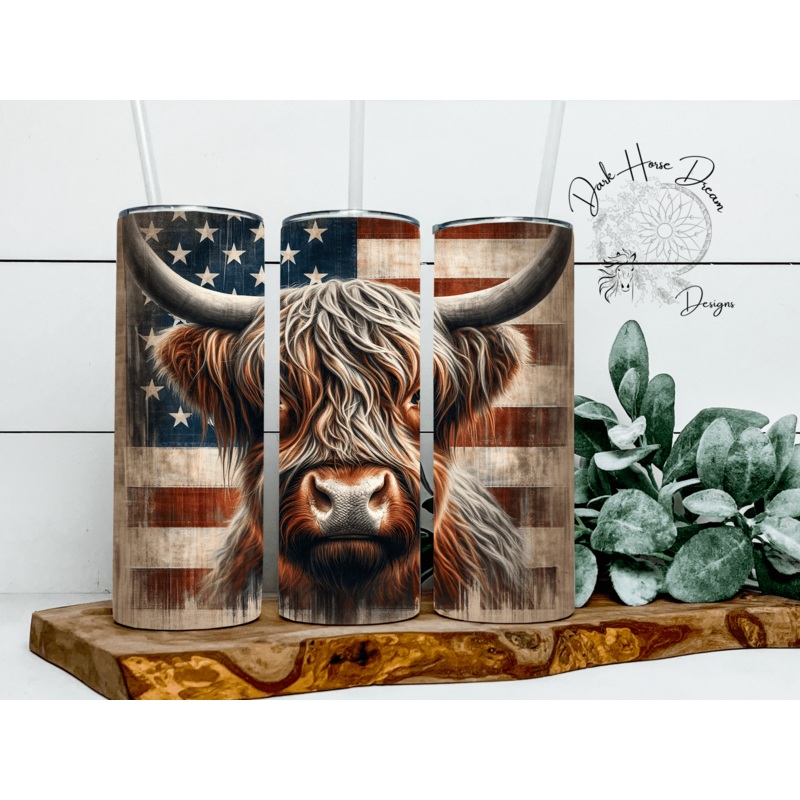 Rustic Patriotic Highland Cow Farm Animal Tumbler